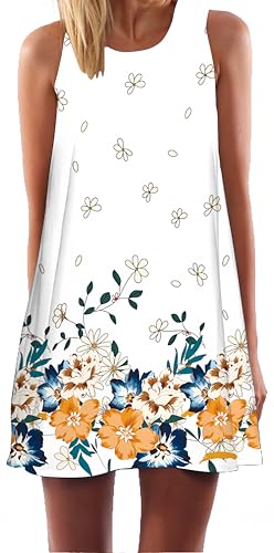 Ocean Plus Damen Sommer Mini Ärmellos Bunt Tops Kleider Pfau Strandkleider Kurz A-Linie Kleid Ohne Arm Feizeitkleid (L (EU 38-40), Kleine orangefarbene Blumen) von Ocean Plus