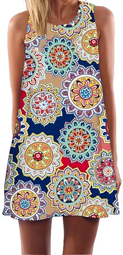 Ocean Plus Damen Sommer Mini Ärmellos Bunt Tops Kleider Pfau Strandkleider Kurz A-Linie Kleid Ohne Arm Feizeitkleid (M (EU 36-38), Bunt Blumenrad) von Ocean Plus