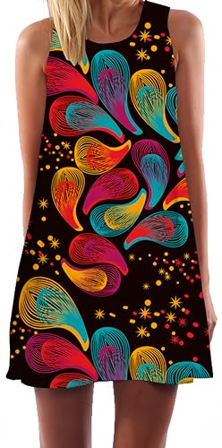 Ocean Plus Damen Sommer Mini Ärmellos Bunt Tops Kleider Pfau Strandkleider Kurz A-Linie Kleid Ohne Arm Feizeitkleid (XL (EU 40-42), Farbige Linien Wassertröpfchen) von Ocean Plus