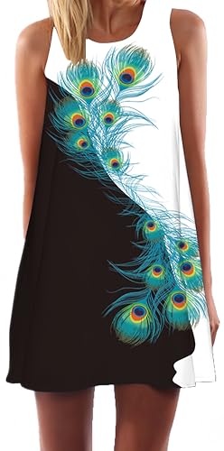 Ocean Plus Damen Sommer Mini Ärmellos Bunt Tops Kleider Pfau Strandkleider Kurz A-Linie Kleid Ohne Arm Feizeitkleid (XL (EU 40-42), Schwarze und weiße Pfauenfedern) von Ocean Plus