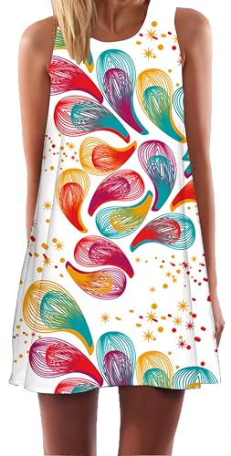 Ocean Plus Damen Sommer Mini Ärmellos Bunt Tops Kleider Pfau Strandkleider Kurz A-Linie Kleid Ohne Arm Feizeitkleid (XXL (EU 42-44), Sterne farbige Wassertröpfchen) von Ocean Plus