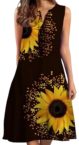 Ocean Plus Damen Sommer Mittellanges Lässiges Ärmelloses Kleid Rundhalsausschnitt Freizeitkleid ohne Ärmel in Übergröße (3XL, Sonnenblumen) von Ocean Plus