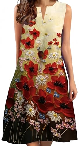 Ocean Plus Damen Sommer Mittellanges Lässiges Ärmelloses Kleid Rundhalsausschnitt Freizeitkleid ohne Ärmel in Übergröße (L, Rotes Ölgemälde) von Ocean Plus
