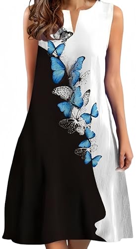 Ocean Plus Damen Sommer Mittellanges Lässiges Ärmelloses Kleid Rundhalsausschnitt Freizeitkleid ohne Ärmel in Übergröße (XXL, Blaue Schmetterlinge) von Ocean Plus
