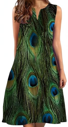 Ocean Plus Damen Sommer Mittellanges Lässiges Ärmelloses Kleid Rundhalsausschnitt Freizeitkleid ohne Ärmel in Übergröße (XXL, Pfau) von Ocean Plus