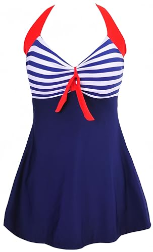 Ocean Plus Damen Sommer Retro Vintage Neckholder Sternchen Punkte Badekleid mit Rock Streifen Badeanzug mit Shorts Bademode Große Größen Beachwear (3XL (EU 42-44), Roter Schleife) von Ocean Plus