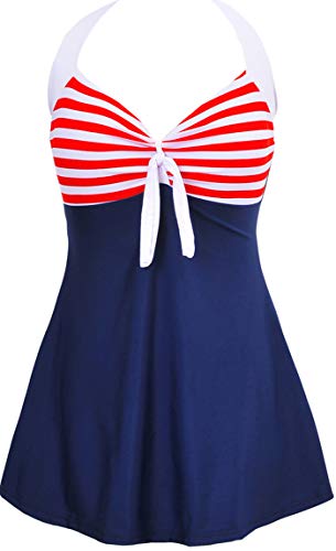 Ocean Plus Damen Sommer Retro Vintage Neckholder Sternchen Punkte Badekleid mit Rock Streifen Badeanzug mit Shorts Bademode Große Größen Beachwear (3XL (EU 42-44), Weiße Schleife) von Ocean Plus