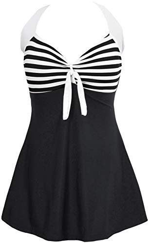 Ocean Plus Damen Sommer Retro Vintage Neckholder Sternchen Punkte Badekleid mit Rock Streifen Badeanzug mit Shorts Bademode Große Größen Beachwear (XL (EU 38-40), Schwarz und weiß Streifen) von Ocean Plus