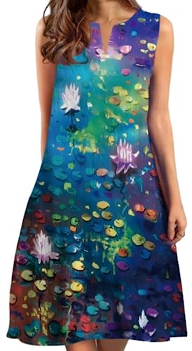 Ocean Plus Damen Sommerliche Elegante Bedruckte Kleider mit Ärmellosem weitem Rock und Mittellangem Kleid (XL, Ölgemälde von Lotusblumen) von Ocean Plus
