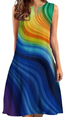 Ocean Plus Damen Sommerliche Elegante Bedruckte Kleider mit Ärmellosem weitem Rock und Mittellangem Kleid (XXL, Blau-Gelb-Grün) von Ocean Plus