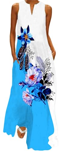 Ocean Plus Damen Sommermode Bedrucktes Ärmelloses Maxikleid mit Taschen (5XL, Blaue und weiße Orchideen) von Ocean Plus