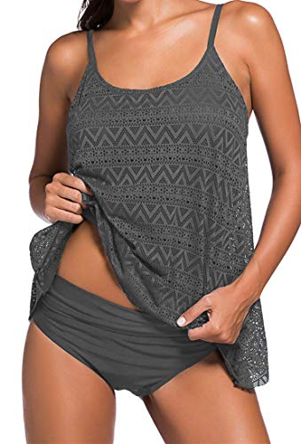 Ocean Plus Damen Spitze Eleganter Bikini Set mit Trägern Sport Unifarben Tankini Top mit Slip Zweiteilig Strandmode (3XL (EU 44-46), Grau) von Ocean Plus