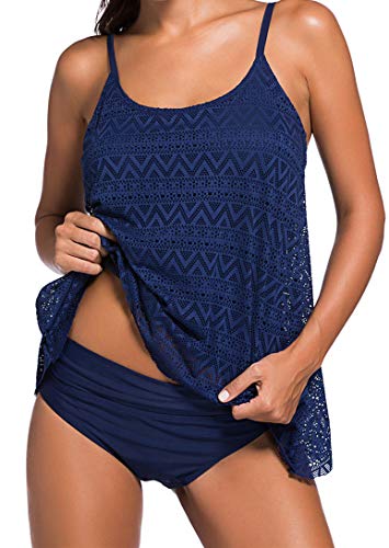 Ocean Plus Damen Spitze Eleganter Bikini Set mit Trägern Sport Unifarben Tankini Top mit Slip Zweiteilig Strandmode (S (EU 34-36), Marineblau) von Ocean Plus