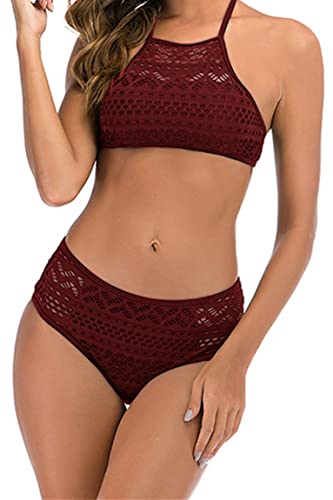 Ocean Plus Damen Spitze Hochgeschlossen Bikini Set Schleife Mesh Tank Top Beachwear X-Back Zweiteilig Tankini (L (EU 36-38), Rot) von Ocean Plus