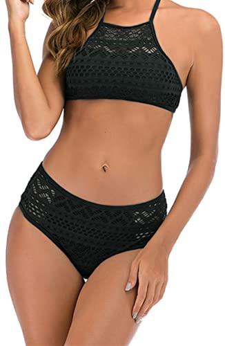 Ocean Plus Damen Spitze Hochgeschlossen Bikini Set Schleife Mesh Tank Top Beachwear X-Back Zweiteilig Tankini (L (EU 36-38), Schwarz) von Ocean Plus