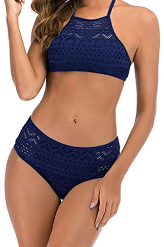 Ocean Plus Damen Spitze Hochgeschlossen Bikini Set Schleife Mesh Tank Top Beachwear X-Back Zweiteilig Tankini (S (EU 32-34), Marineblau) von Ocean Plus