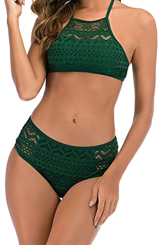 Ocean Plus Damen Spitze Hochgeschlossen Bikini Set Schleife Mesh Tank Top Beachwear X-Back Zweiteilig Tankini (XXL (EU 40-42), Grün) von Ocean Plus