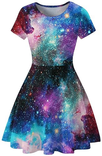 Ocean Plus Damen Sternenhimmel Digitaldruck A-Linien Kurzarmkleid mit Rundhalsausschnitt Kurzärmliges T-Shirt Kleid Swingrock Schaukelrock (L (EU 36-38), Bunte Galaxie) von Ocean Plus