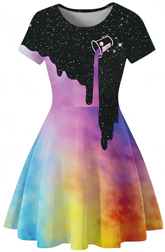 Ocean Plus Damen Sternenhimmel Digitaldruck A-Linien Kurzarmkleid mit Rundhalsausschnitt Kurzärmliges T-Shirt Kleid Swingrock Schaukelrock (L (EU 36-38), Bunter Milchbecher) von Ocean Plus