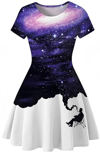 Ocean Plus Damen Sternenhimmel Digitaldruck A-Linien Kurzarmkleid mit Rundhalsausschnitt Kurzärmliges T-Shirt Kleid Swingrock Schaukelrock (L (EU 36-38), Lila Galaxie) von Ocean Plus