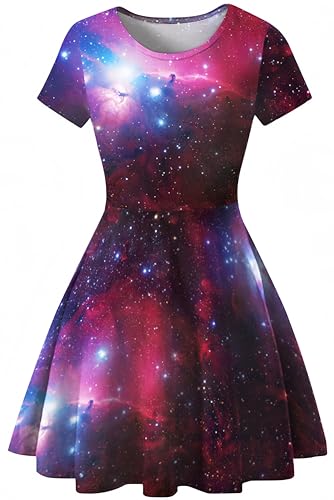 Ocean Plus Damen Sternenhimmel Digitaldruck A-Linien Kurzarmkleid mit Rundhalsausschnitt Kurzärmliges T-Shirt Kleid Swingrock Schaukelrock (L (EU 36-38), Rote Galaxie) von Ocean Plus