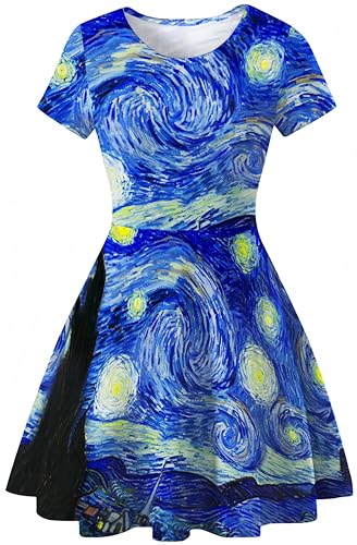 Ocean Plus Damen Sternenhimmel Digitaldruck A-Linien Kurzarmkleid mit Rundhalsausschnitt Kurzärmliges T-Shirt Kleid Swingrock Schaukelrock (L (EU 36-38), Sternennacht) von Ocean Plus