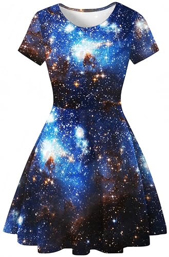 Ocean Plus Damen Casual Sternenhimmel Digitaldruck A-Linien Kurzarmkleid mit Rundhalsausschnitt Kurzärmliges Kleid Swingrock (S (EU 32-34), Blaue Galaxie) von Ocean Plus
