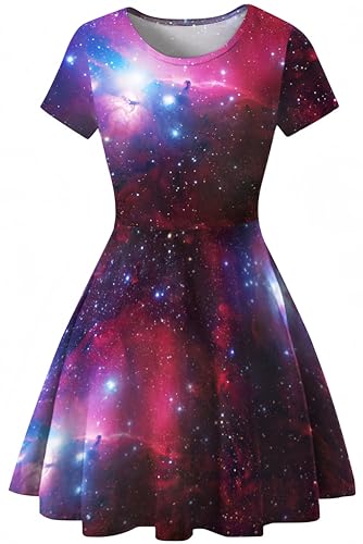 Ocean Plus Damen Sternenhimmel Digitaldruck A-Linien Kurzarmkleid mit Rundhalsausschnitt Kurzärmliges T-Shirt Kleid Swingrock Schaukelrock (S (EU 32-34), Rote Galaxie) von Ocean Plus