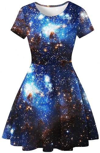 Ocean Plus Damen Sternenhimmel Digitaldruck A-Linien Kurzarmkleid mit Rundhalsausschnitt Kurzärmliges T-Shirt Kleid Swingrock Schaukelrock (XL (EU 38-40), Blaue Galaxie) von Ocean Plus
