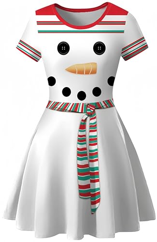 Ocean Plus Damen Sternenhimmel Digitaldruck A-Linien Kurzarmkleid mit Rundhalsausschnitt Kurzärmliges T-Shirt Kleid Swingrock Schaukelrock (XL (EU 38-40), Schneemann) von Ocean Plus