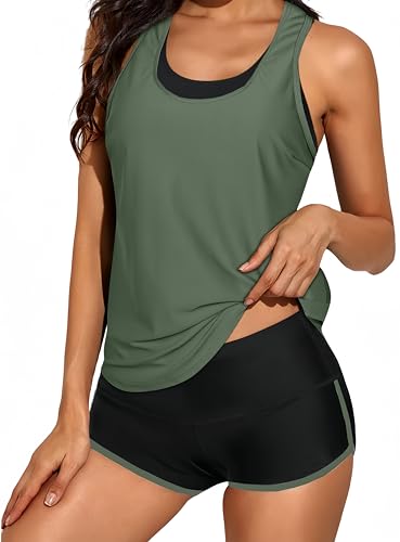 Ocean Plus Damen Tankini mit Sportdruck Schwarz Netz Tops Crossback Bademode Shorts Dreiteiliger Tankini Set (L (EU 38-40), Grün-Schwarz) von Ocean Plus