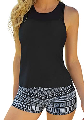 Ocean Plus Damen Tankini mit Sportdruck Schwarz Netz Tops Crossback Bademode Shorts Dreiteiliger Tankini Set (L (EU 38-40), Schwarz) von Ocean Plus