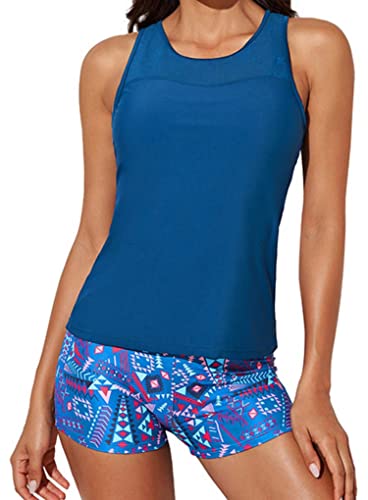 Ocean Plus Damen Tankini mit Sportdruck Schwarz Netz Tops Crossback Bademode Shorts Dreiteiliger Tankini Set (M (EU 36-38), Blau Saphir) von Ocean Plus