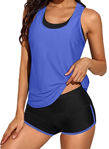 Ocean Plus Damen Tankini mit Sportdruck Schwarz Netz Tops Crossback Bademode Shorts Dreiteiliger Tankini Set (M (EU 36-38), Blau schwarz) von Ocean Plus