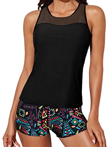 Ocean Plus Damen Tankini mit Sportdruck Schwarz Netz Tops Crossback Bademode Shorts Dreiteiliger Tankini Set (M (EU 36-38), Schwarz Bunt) von Ocean Plus