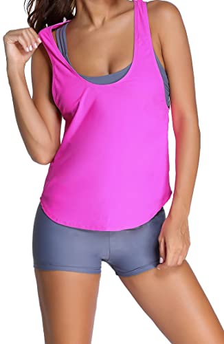 Ocean Plus Damen Tankini mit Sportdruck Schwarz Netz Tops Crossback Bademode Shorts Dreiteiliger Tankini Set (S (EU 34-36), Rosa grau) von Ocean Plus
