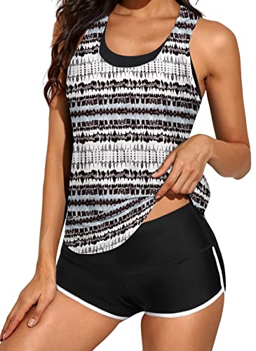 Ocean Plus Damen Tankini mit Sportdruck Schwarz Netz Tops Crossback Bademode Shorts Dreiteiliger Tankini Set (S (EU 34-36), Schwarz-weiße Streifen) von Ocean Plus