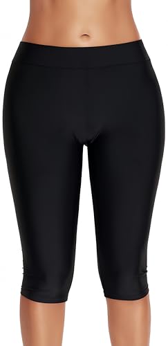 Ocean Plus Damen UV Schutz Schwarz Knielang Schwimmshorts 3/4 Beine Bikinihose Badehose große Größen Schwimm Leggings Strandmode (4XL (EU 46-48), Black) von Ocean Plus