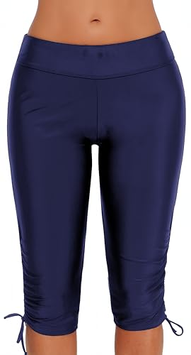 Ocean Plus Damen UV Schutz Schwarz Knielang Schwimmshorts 3/4 Beine Bikinihose Badehose große Größen Schwimm Leggings Strandmode (4XL (EU 46-48), Schleife Marineblau) von Ocean Plus