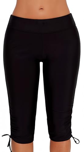 Ocean Plus Damen UV Schutz Schwarz Knielang Schwimmshorts 3/4 Beine Bikinihose Badehose große Größen Schwimm Leggings Strandmode (L (EU 38-40), Schleife schwarz) von Ocean Plus