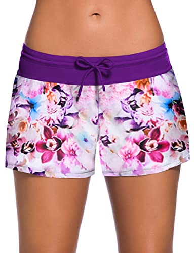 Ocean Plus Damen Unifarben Badeshorts mit Verstellbarem Tunnelzug Wassersport UV-Schutz Bikinihose Boardshorts Hotpants (L (EU 38-40), Violette Blumen) von Ocean Plus