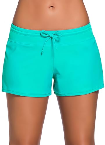 Ocean Plus Damen Unifarben Badeshorts mit Verstellbarem Tunnelzug Wassersport UV-Schutz Bikinihose Boardshorts Hotpants (M (EU 36-38), Grün) von Ocean Plus