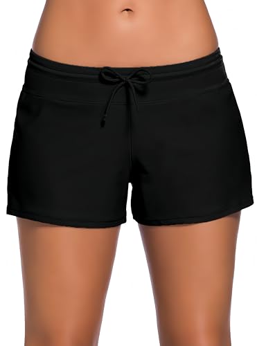 Ocean Plus Damen Unifarben Badeshorts mit Verstellbarem Tunnelzug Wassersport UV-Schutz Bikinihose Boardshorts Hotpants (M (EU 36-38), Schwarz) von Ocean Plus