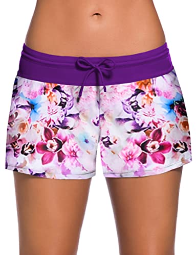 Ocean Plus Damen Unifarben Badeshorts mit Verstellbarem Tunnelzug Wassersport UV-Schutz Bikinihose Boardshorts Hotpants (M (EU 36-38), Violette Blumen) von Ocean Plus