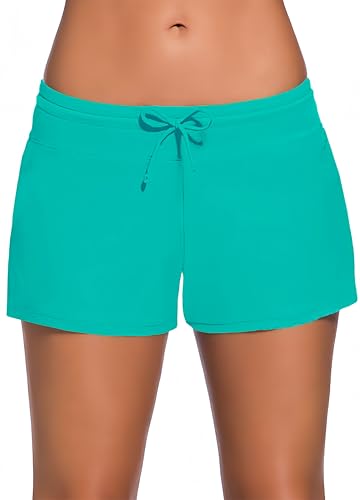 Ocean Plus Damen Unifarben Badeshorts mit Verstellbarem Tunnelzug Wassersport UV-Schutz Bikinihose Boardshorts Hotpants (S (EU 34-36), Türkis) von Ocean Plus