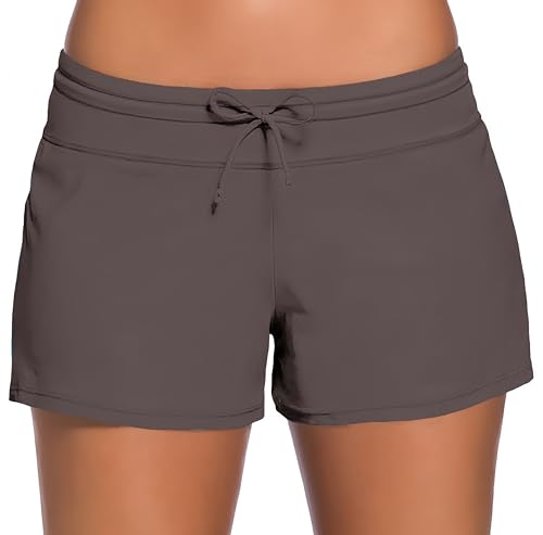 Ocean Plus Damen Unifarben Badeshorts mit Verstellbarem Tunnelzug Wassersport UV-Schutz Bikinihose Boardshorts Hotpants (XXL (EU 42-44), Braun) von Ocean Plus