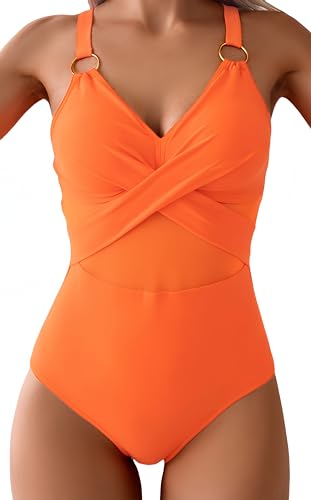 Ocean Plus Damen Unifarben Figurformender Netzartiger Badeanzug mit Trägern Rückenfrei Mesh Metallring mit Neckholder Netz One Piece Bademode (L (EU 38-40), Orange) von Ocean Plus