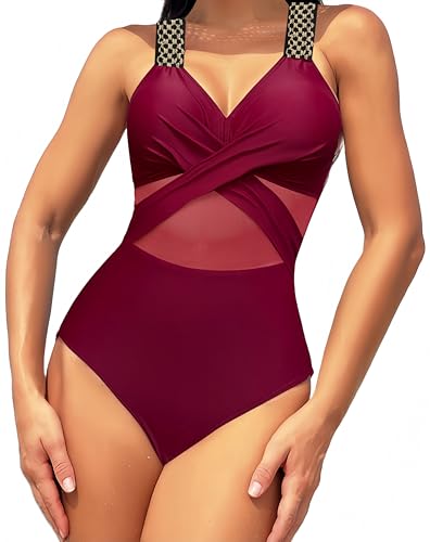 Ocean Plus Damen Unifarben Figurformender Netzartiger Badeanzug mit Trägern Rückenfrei Mesh Metallring mit Neckholder Netz One Piece Bademode (M (EU 36-38), Weinrot) von Ocean Plus