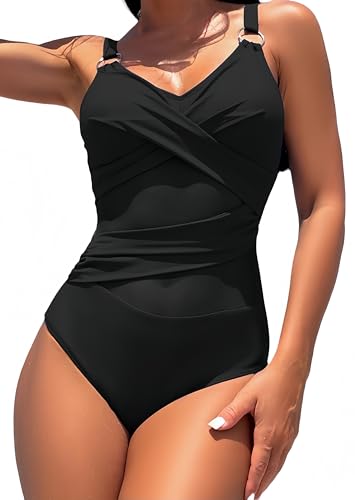 Ocean Plus Damen Unifarben Figurformender Netzartiger Badeanzug mit Trägern Rückenfrei Mesh Metallring mit Neckholder Netz One Piece Bademode (XL (EU 40-42), Obsidian schwarz) von Ocean Plus