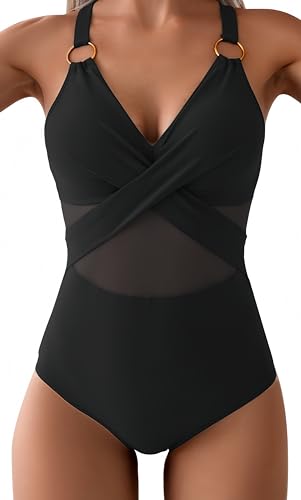 Ocean Plus Damen Unifarben Figurformender Netzartiger Badeanzug mit Trägern Rückenfrei Mesh Metallring mit Neckholder Netz One Piece Bademode (XL (EU 40-42), Schwarz) von Ocean Plus